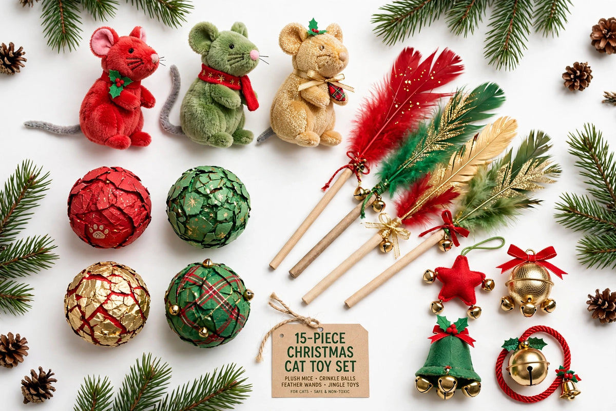 Christmas Cat Toy Set – 15-Piece Holiday Mice, Balls & Wand Toys